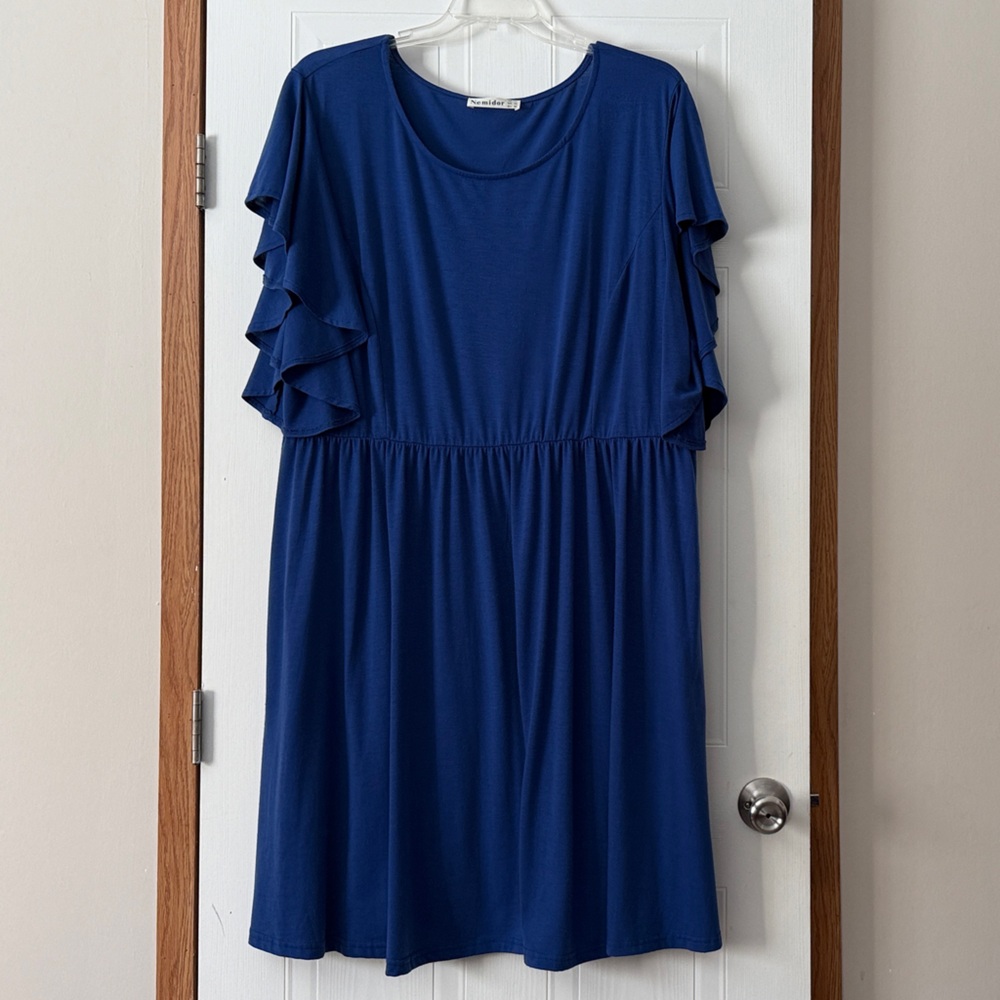 Ruffle Sleeve Blue Women's Dress - Unbranded